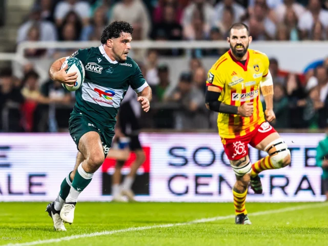 Pau, FRANCE - June 08 : during the Top 14 match between Section Paloise and Perpignan at Stade du Hameau on June 08, 2024 in Pau, FRANCE. (Photo by Romain Perchicot)
